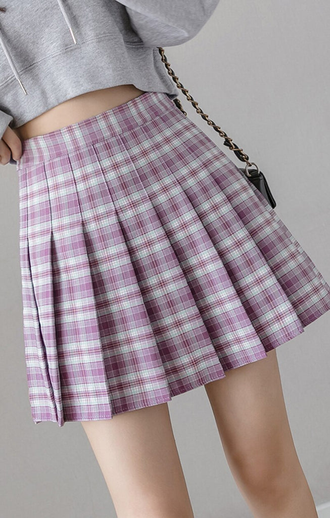 Llyge Purple Women Mini Plaid Skirt Pleated High Waist Zipper Casual Slim A Line All Match Female Skirt Fashion Summer New