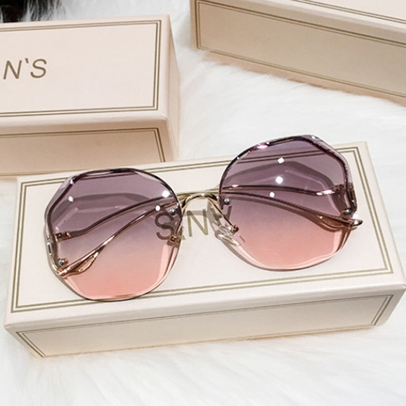 LLYGE 2023 Luxury Round Gradient Sunglasses Women Metal Curved Temples Eyewear Ocean Rimless Fashion Sun Glasses Ladies UV400