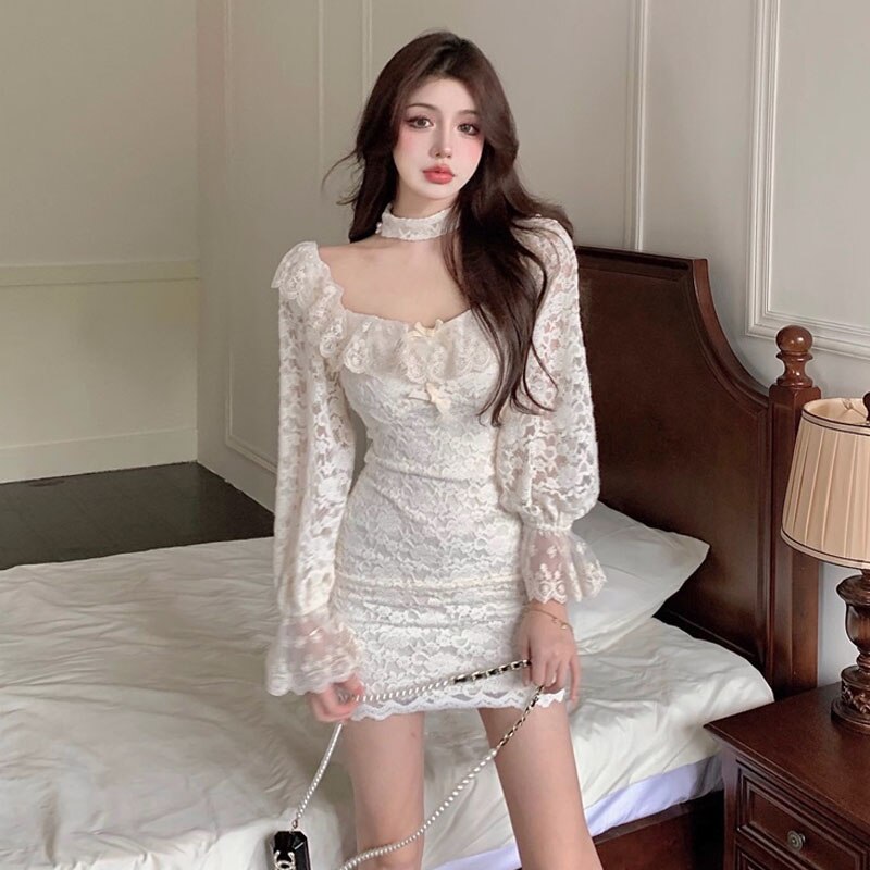 Llyge  2023  Vestidos Korean Style Women  Halter Slim Lace Dresses  Autumn Winter New Female Off Shoulder Thin Prom Office Dress 9 Kl