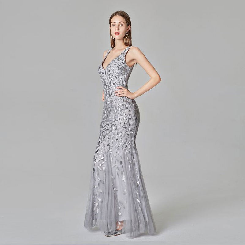 Llyge 2023  V Neck Strapless Evening Dresses Silver Appliques Tulle Mermaid Dress Pleated Zipper Open Back robe de soiree