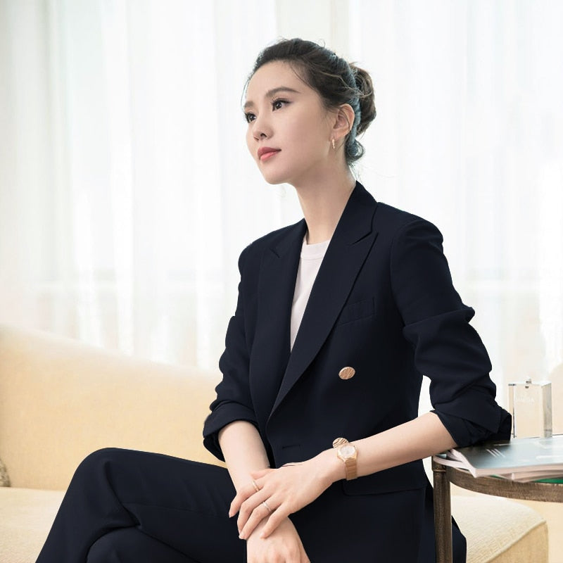 Women New Elegant Office Work Wear Pant Suits OL 2 Piece Sets Solid Blazer Jacket & Trousers Suit Set Femme