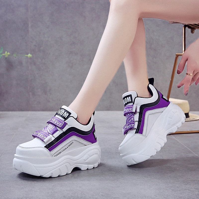 Llyge 2023 Thick Sole Running Shoes for Women Purple White Sport Shoes Jogging Walking Sneakers 7 CM Height Increasing Black Chunky Shoes
