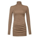 Llyge 2023  Ribbed Knitted Black Mini Dress  Autumn Women Casual Turtleneck Long Sleeve Ruched Bodycon Dress Female Party Club Wear