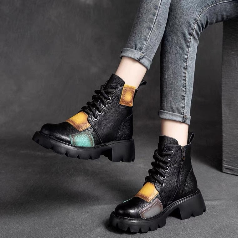 Llyge Women Ankle Boots Winter 2023 New Genuine Leather Shoes Zip Round Toe Wedges Retro Mixed Colors Platform Short Boots