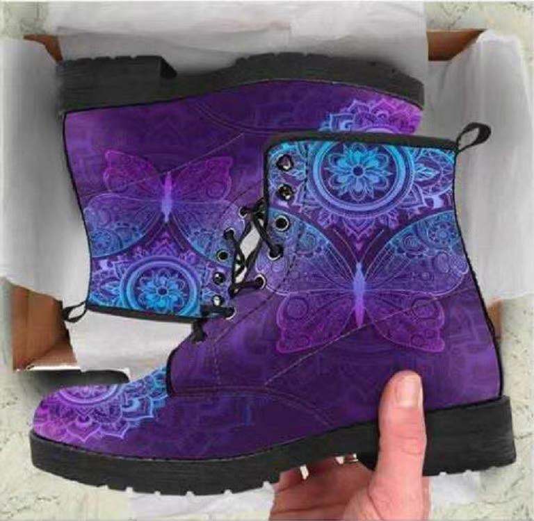 Llyge Women Ankle Boots Low Heels Shoes Woman Vintage Pu Leather 2023 Autumn Warm Winter High Snow Boots Motorcycle Skull Pansy