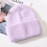 LLYGE Winter Real Rabbit Fur Knitted Beanies For Women Fashion Solid Warm Cashmere Wool Skullies Beanies Female Three Fold Thick Hats