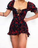 LLYGE New 2022 Vintage Floral Puff Sleeve Short Ruffles Dress Summer Women Ladies Lace-up Front Square Collar Ruched Dress