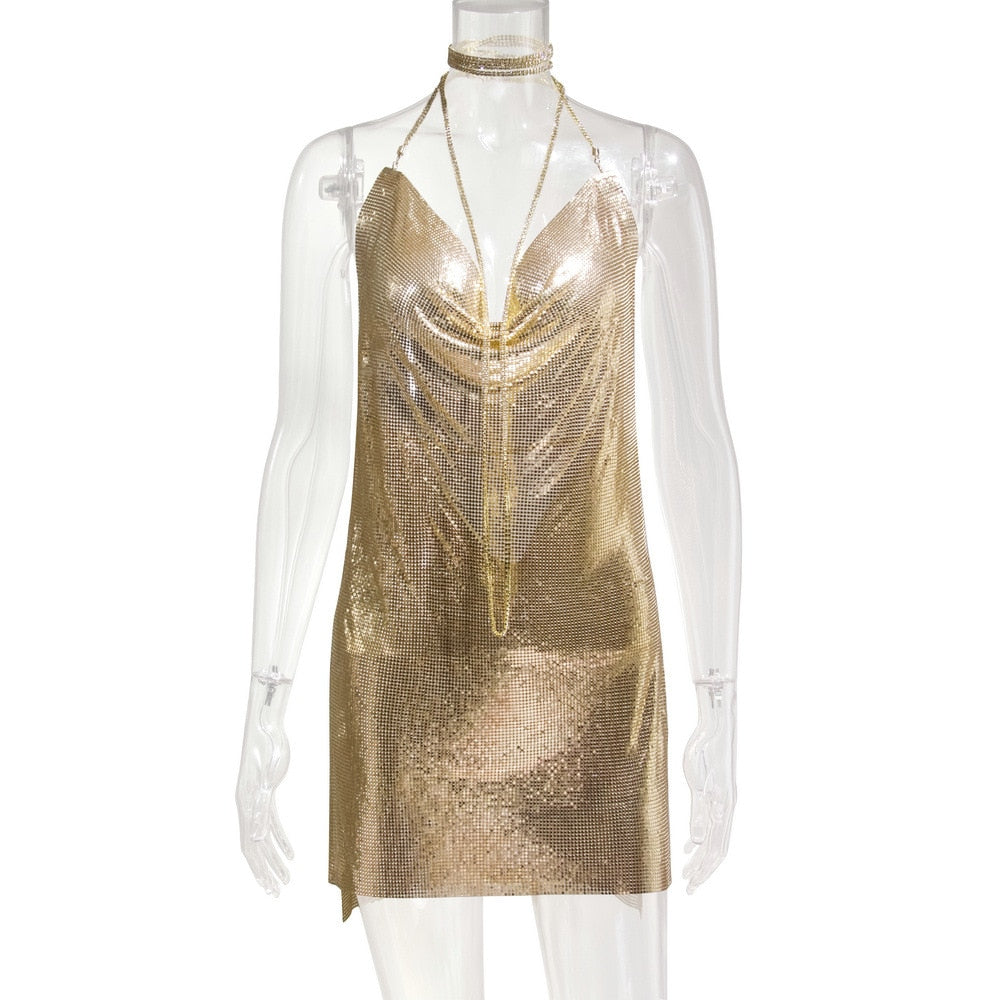 Llyge Neck Gold Sequined Metallic Halter Backless Party Dress Kendall Jenner's Nightclub Metal Summer Dress