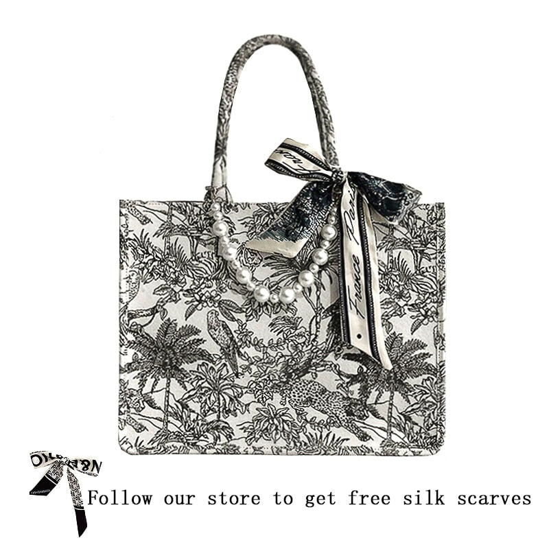 Llyge  Graduation party  Women Luxury Designer Handbag Famous Brand Bag Shopper Beach Bag Jacquard Embroidery Female Canvas Tote Bag 2022 Shoulder Bags
