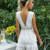 LLYGE Summer Party Dress Women White Lace Chiffon Backless  Mini Tank Dress Sleeveless V Neck Ruffles Prom 2023 Vestido