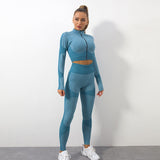 LLYGE Luxury Women Fitness Clothing 2PC Seamless Long Sleeve Zipper Coat With High Waist Tights Workout Suit Ropa Deportiva Mujer