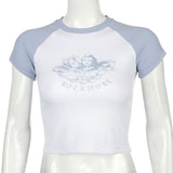 Llyge Casual Angel Print Short Sleeve Patchwork Crop Top 2023 Summer Women  Skinny T Shirt Female Streetwear Tee Tops