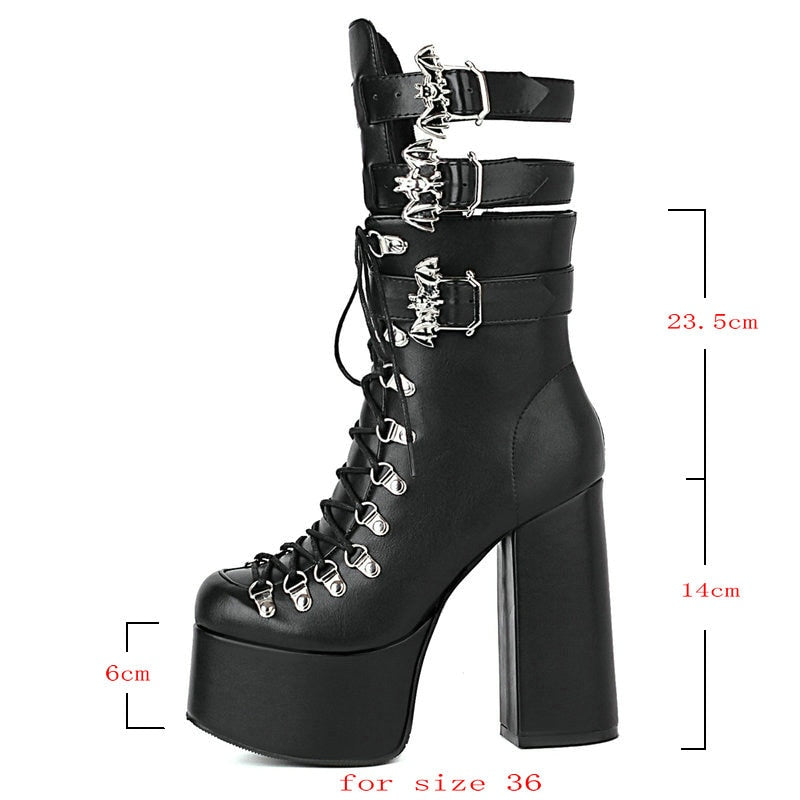 Llyge 2022 Women Ankle Boots Platform Square High Heel Ladies Motorcycle Boots Patent PU Leather Buckle Women Lace Up Boots Black