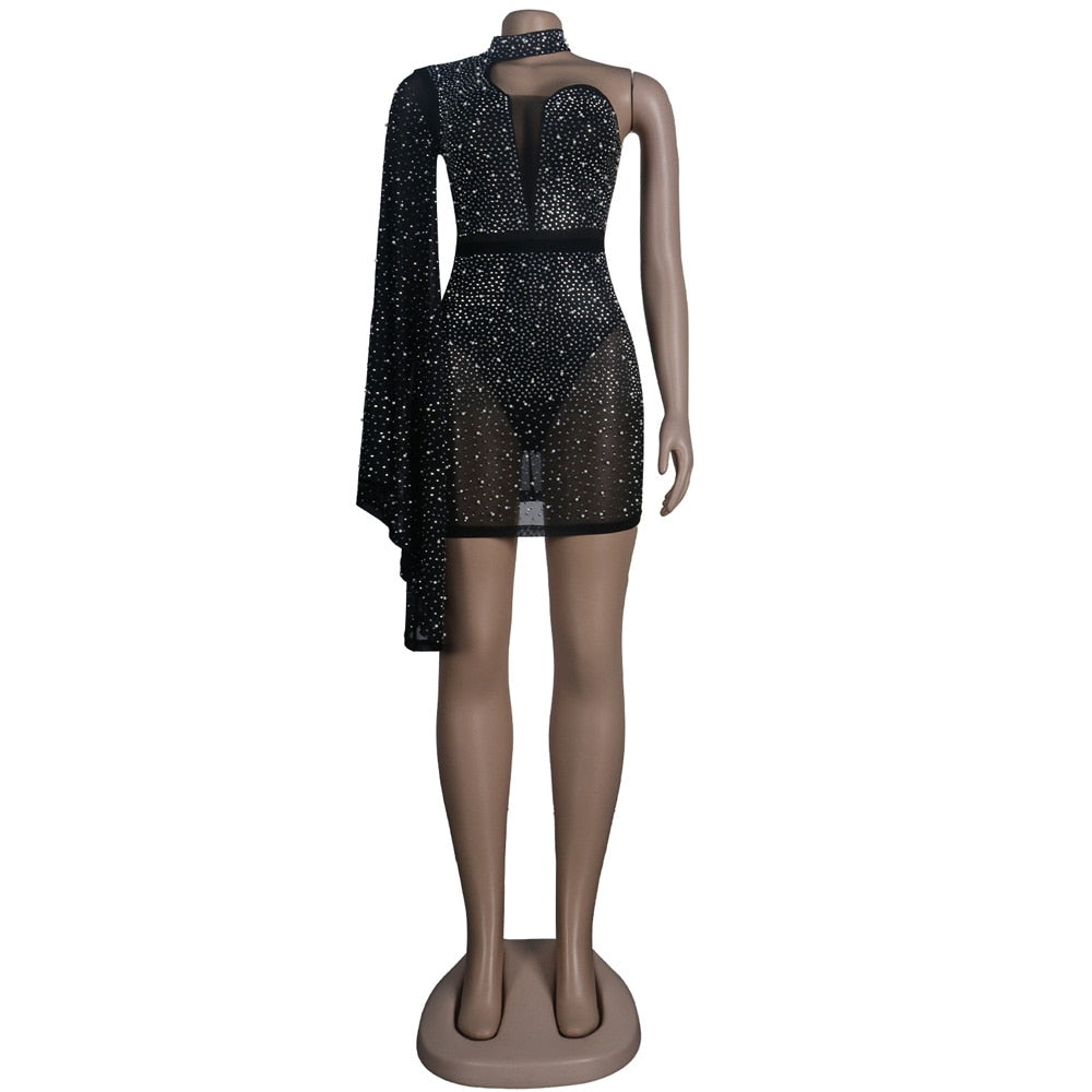 Llyge Sparkle Black Rhinestones & Pearls Single Sleeve Short Party Dress Womens Glam See-Through Crystal Birthday Dress