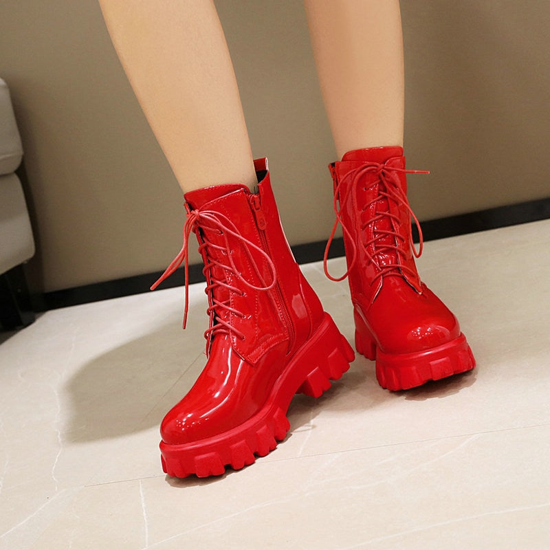 Llyge Red White Black Women Ankle Boots Platform Square Heel Ladies Ridding Boots Cross Tied Fashion Women Autumn Winter Shoes