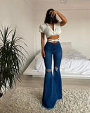 LLYGE New Women Denim Flared Pants High-waisted Button Holes Ripped Bodycon Bell-Bottoms Trousers Solid Tight Summer Clothing
