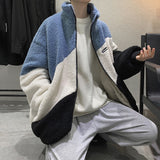 Llyge Winter Warm Patchwork Stripe Fleece Jackets Coats Lamb Woolen Man Casual Zipper Jacket Male Vintage Korea Harajuku Sweatshirts