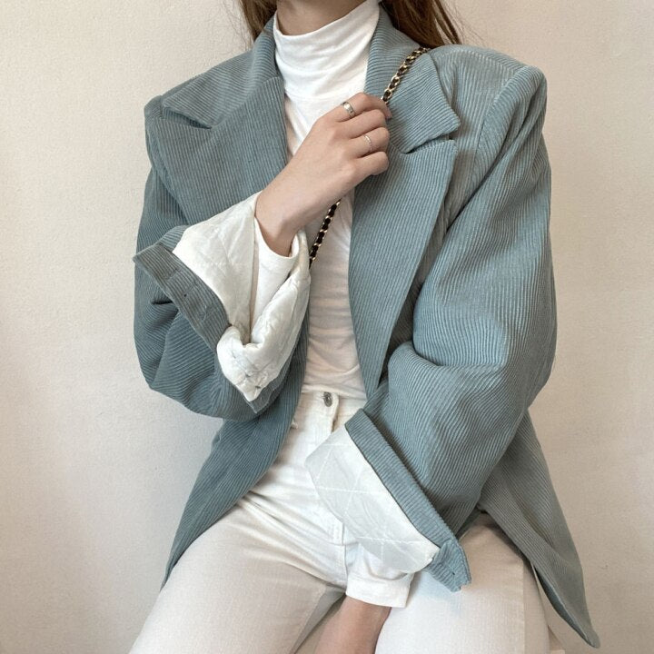 Llyge Korea Stylish Blazer  Corduroy Solid Blue Lapel Suit Jacket Turndown Collar Single Breasted Women Casual Oversized Blazer