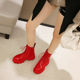 Llyge Red White Black Women Ankle Boots Platform Square Heel Ladies Ridding Boots Cross Tied Fashion Women Autumn Winter Shoes