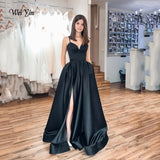 Graduation Prom Llyge  Elegant Black Long Formal Evening Dresses Long Vestidos De Fiesta A-Line  High Slit Satin Simple Prom Party Gowns