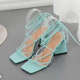 LLYGE New Summer Blue White Women Sandals Fashion Cross-Tied Strange High Heels Shoes  Lace-Up Party Pumps Shoes Size 41 42