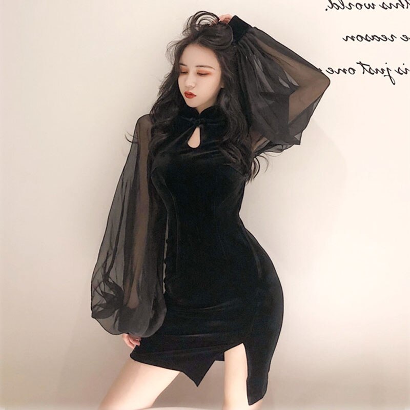 llyge2023  Dresses Women Party Night Cheongsam Stand collar Lantern Sleeve Close Waist Spring Dress Slim Comfort Chiffon Black  Vestido