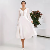 Llyge Graduation Prom Llyge  Tea Length party Dress 2023 Modest Sheer V-neck Corset Solid Color Custom Made Long Sleeve Bridal Gowns