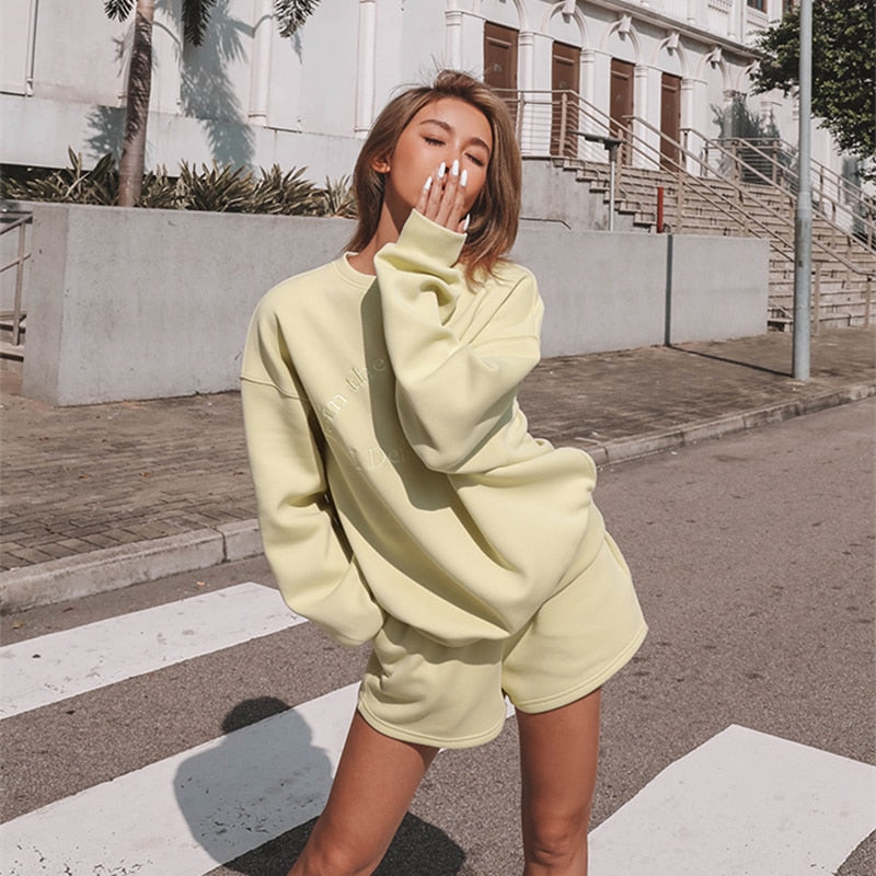 Women Tracksuit Spring Autumn Loose Two Piece Sets Casual Long Sleeve Letter Sweatshirt & Elastic Waist Shorts Female Outfits