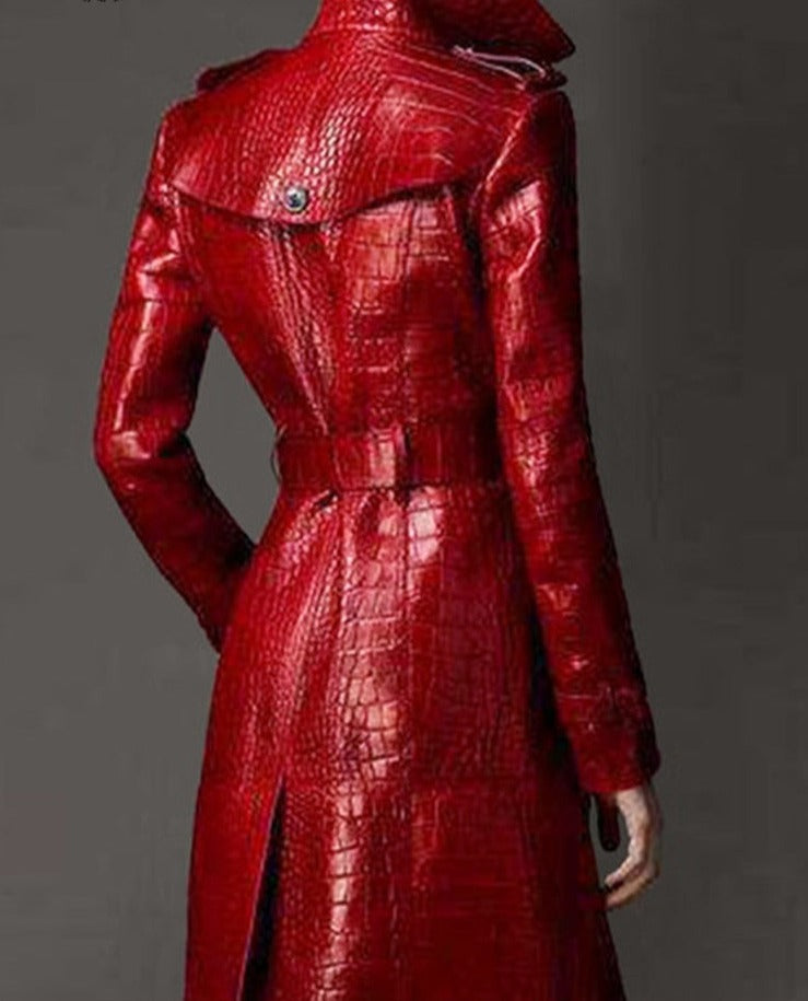 Autumn Long Red Crocodile Print Leather Trench Coat for Women Belt Double Breasted Elegant British Style Fashion 2023