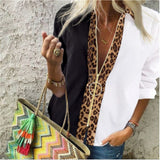 LLYGE Fashion Leopard White Spliced Blouse Women Shirts Spring Fall Long Sleeve Zip Up V-Neck Tops Casual Female Plus Size Blouse