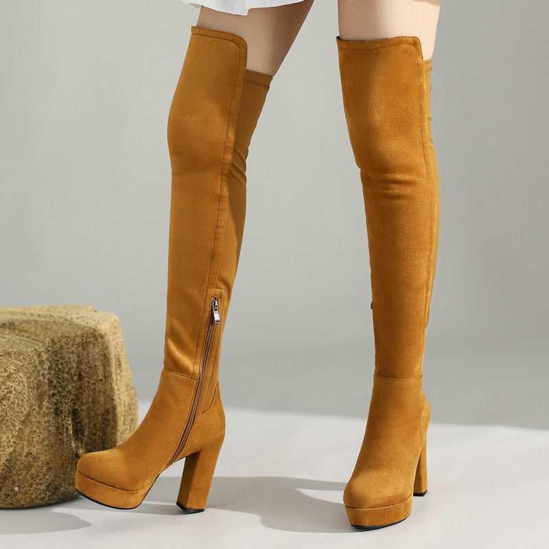 Llyge 2022 Women Over The Knee Boots Platform Square High Heel Ladies Stretch Boots Faux Suede Autumn Winter Women Thigh Boots Black
