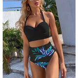 LLYGE 2023 New High Waist Bikini Leaf Print Swimsuit Women Push Up Swimwear Female Halter Bathing Suit Vintage Swimming Suit Biquini