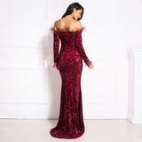Graduation Prom Llyge Sparkle Burgundy Feathers Sequin Maxi Cocktail Dress Mermaid Off The Shoulder Long Sleeve Stretch Wedding Party Gown Winter