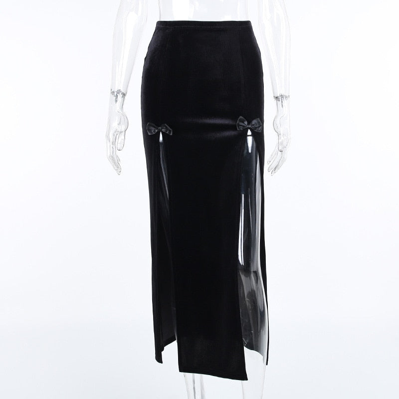 LLYGE Vintage Black Velvet Split Skirts Aesthetic  High Waist Bow Bodycon Long Skirt Elegant E Girl Punk Partywear Clothes