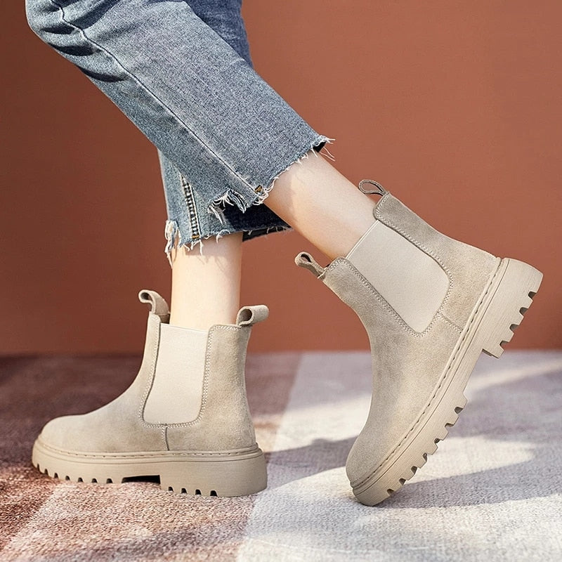 Llyge 2023 Chelsea Boots Chunky Boots Women Winter Shoes Cow Suede  Ankle Boots Black Female Autumn Fashion Platform Booties