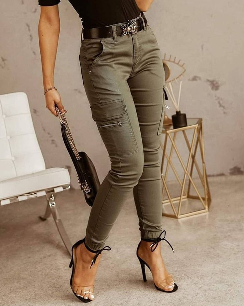 Llyge  New Fashion Zipper Pocket Design Casual Pants Without Belt Women's High Waist Cargo Pants Trousers Female Streetwear