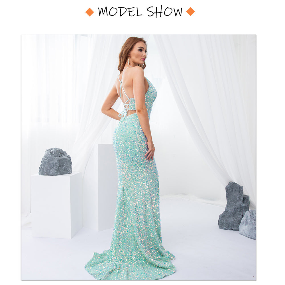 Graduation Prom Llyge Luxury Mint Sequin Slip Lace Up Long Cocktail Party Dress Backless Hollow Out Velvet V Neck Maxi Gown Celebrity Women Summer