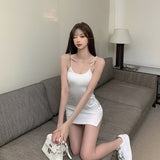 Llyge  2023 Summer New Women French Temperament Suspender Dress Fashion Elegant Slim Skinny Party Night Club Bag Hip White Dress