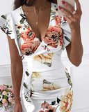 Llyge 2023 Summer Women V Neck Ruched Ruffle Hem Floral Print Bodycon Midi Dress Casual Holiday Butterfly Sleeve Party  Robe Femme