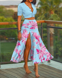 Llyge  2023 Women Holiday Summer Floral Leaf Print Patchwork Crop Tops High Slit Maxi Dress Two Piece Set Suit  Long Beach Skirt