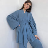 Llyge Cotton Women's Nightgown 2 Pieces Set Drop Sleeves Robe Trouser Suits Flare Female Pajamas Summer Bathrobe For Woman 2022