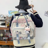 Llyge Women Cute Cow Backpack Female Student College Schoolbag Girl Badge Multifunctional Backpacks Kawaii Ladies Waterproof Nylon Bag