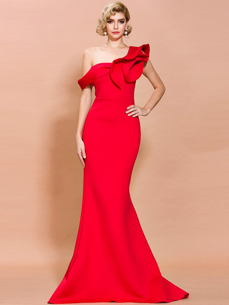 Llyge Burgundy Banquet Evening Dresses 2023 New  One Shoulder Small Trailing Dress High Waist Slim Space Cotton Mermaid Dress