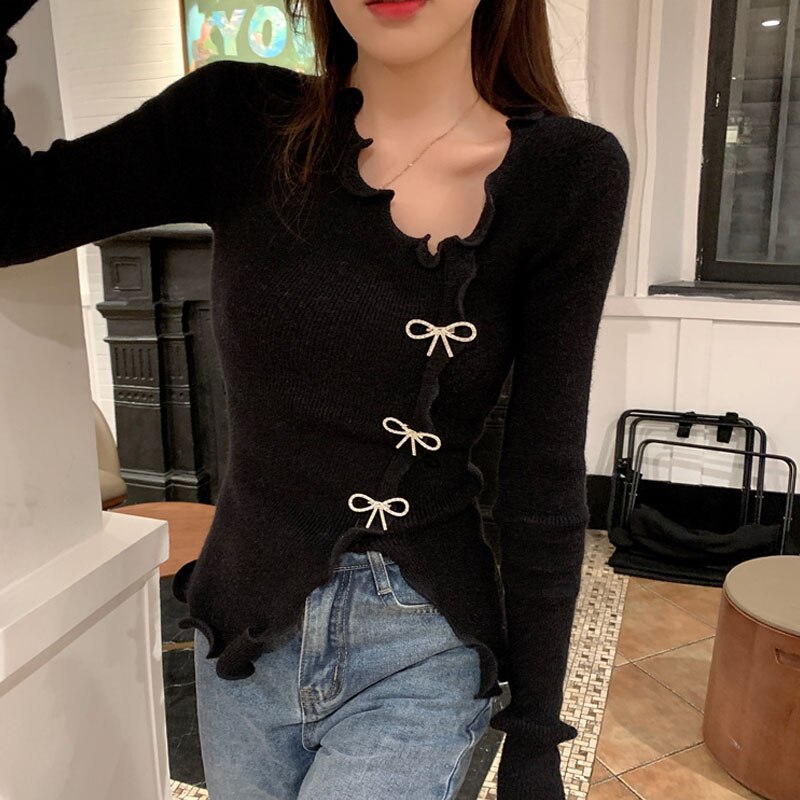 Llyge  2023 Women Irregular Bow Diamond Jewelry Slim Knitting Shirt Pullovers Autumn Winter Base Long Sleeve Solid Color Pullovers Club Tops
