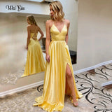 Graduation Prom Llyge  Yellow Prom Dresses Long Luxury Satin A-line Formal Vestido De Festa For Women Cross Backless  Evening Dress