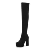 Llyge 2022 Women Over The Knee Boots Platform Square High Heel Ladies Stretch Boots Faux Suede Round Toe Zipper Women's Boots Big Size