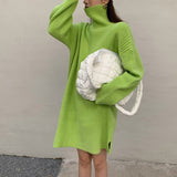 Llyge Green Solid Sweaters Women Turtleneck Loose Streetwear Chic Korean Style Trendy Autumn Female Knitwear Club