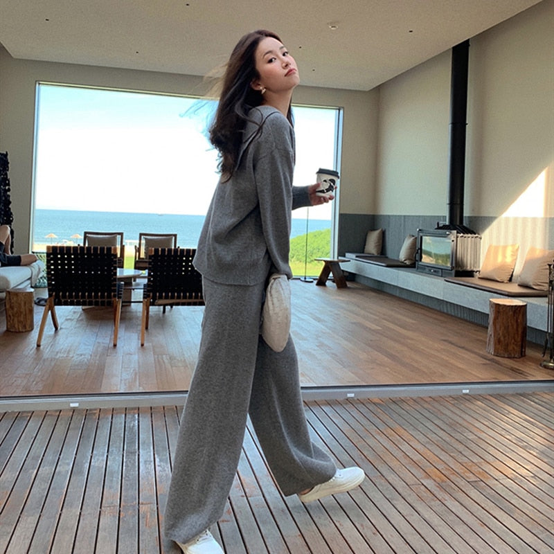 Women Spring Casual 2 Pieces Knit Sweater Set Autumn Sailor Collar Wide Leg Straight Pants 2022 Female Knitted Suit
