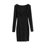 Back To School  Elegant Square Neck Ribbed Knitted Dresses Women Casual Long Sleeve High Stretch Basic Bodycon Dress Streetwear Vestidos