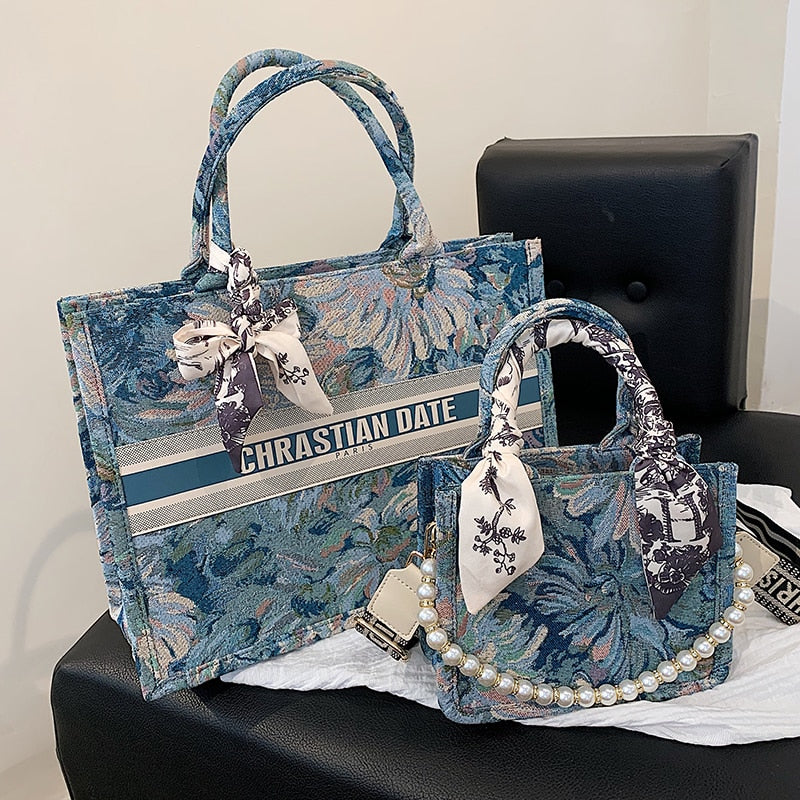 Llyge  Graduation party  Luxury Flowers Designer Tote Handbag For Women 2022 New Lady Fashion Trends Brand Silk Scarf Shoulder Bag Bolsa Feminina Bolsos